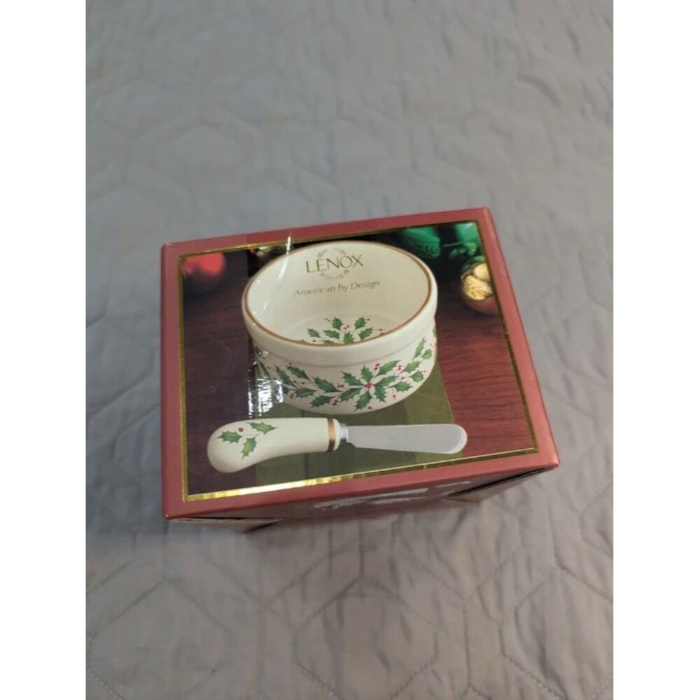 Lenox Holiday Dip Bowl Ramekin & Spreader Knife Set Ivory Gold Trim Holly NIB